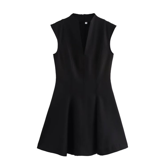 Women's new chic fashion open design slim stand collar wide pleated mini dress retro sleeveless back zipper women's dress Mujer