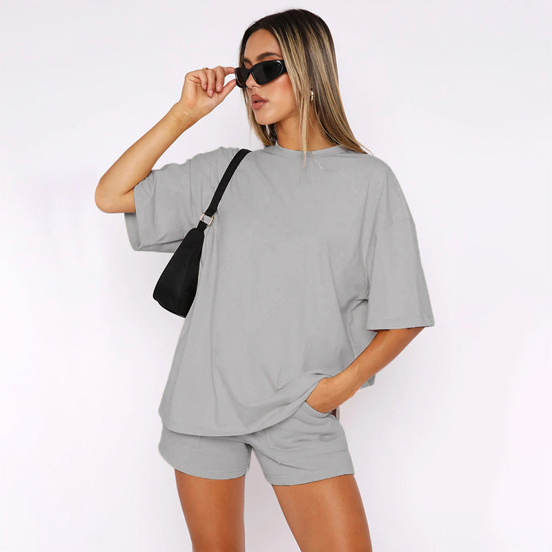Women's Summer New Wild Polyester-cotton Solid Color Round Neck Sleeve Top Casual Shorts Suit