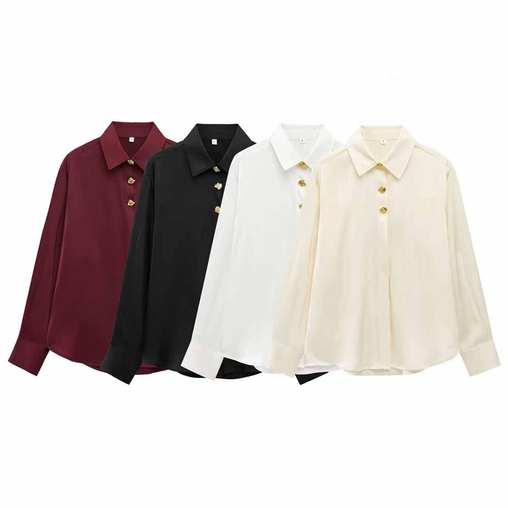 Women's New World Bank Temperament Joker Metal Button Blouses Retro Long Sleeve Button Blouses Chic Tops.