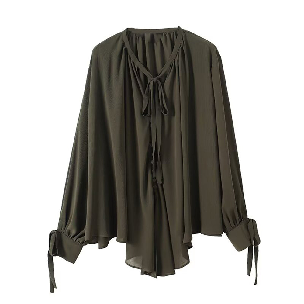 Women's new fashion bow ribbon decoration long sleeved shirt