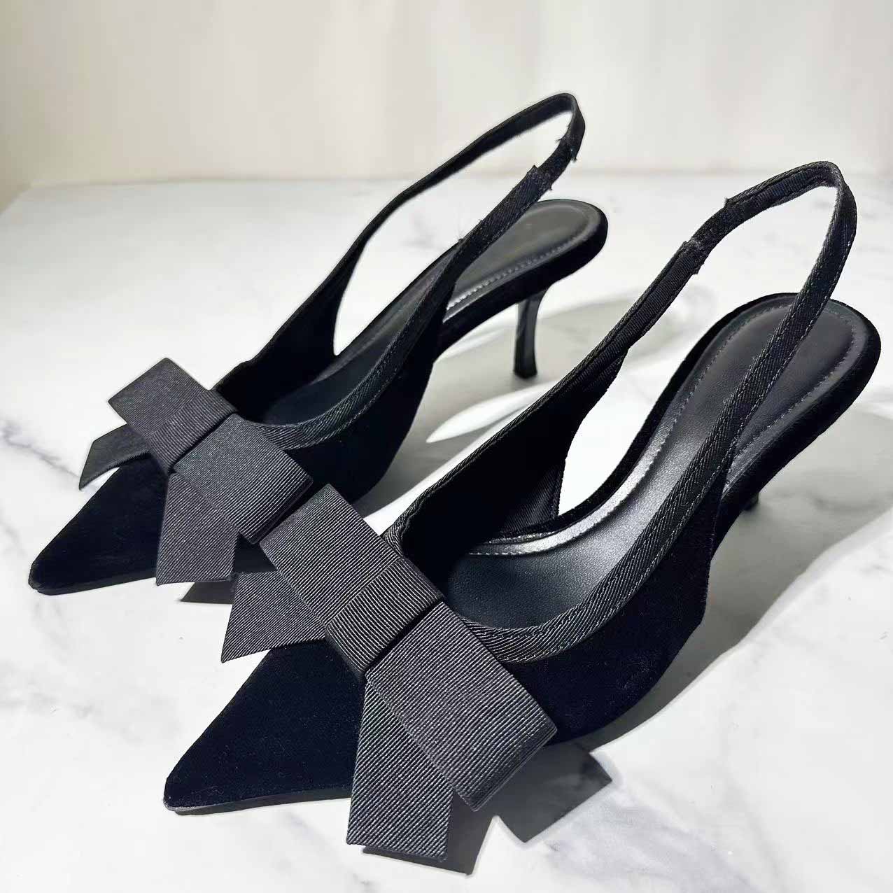 Women's New Fashion Joker Velvet Bow Decorated with Pointed High-heeled Stilettos and Open-heeled Shoes.