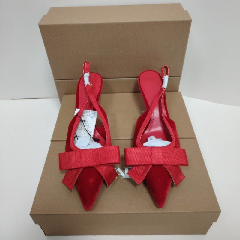 Women's New Fashion Joker Velvet Bow Decorated with Pointed High-heeled Stilettos and Open-heeled Shoes.