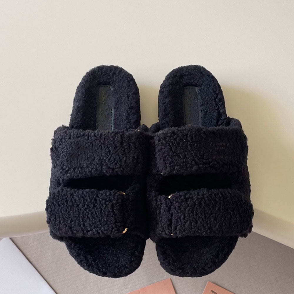 Women's new Velcro thick-soled fur slippers have a shoe box