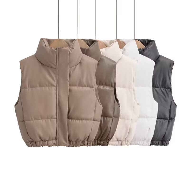 Women's standing collar Faux Leather cotton vest
