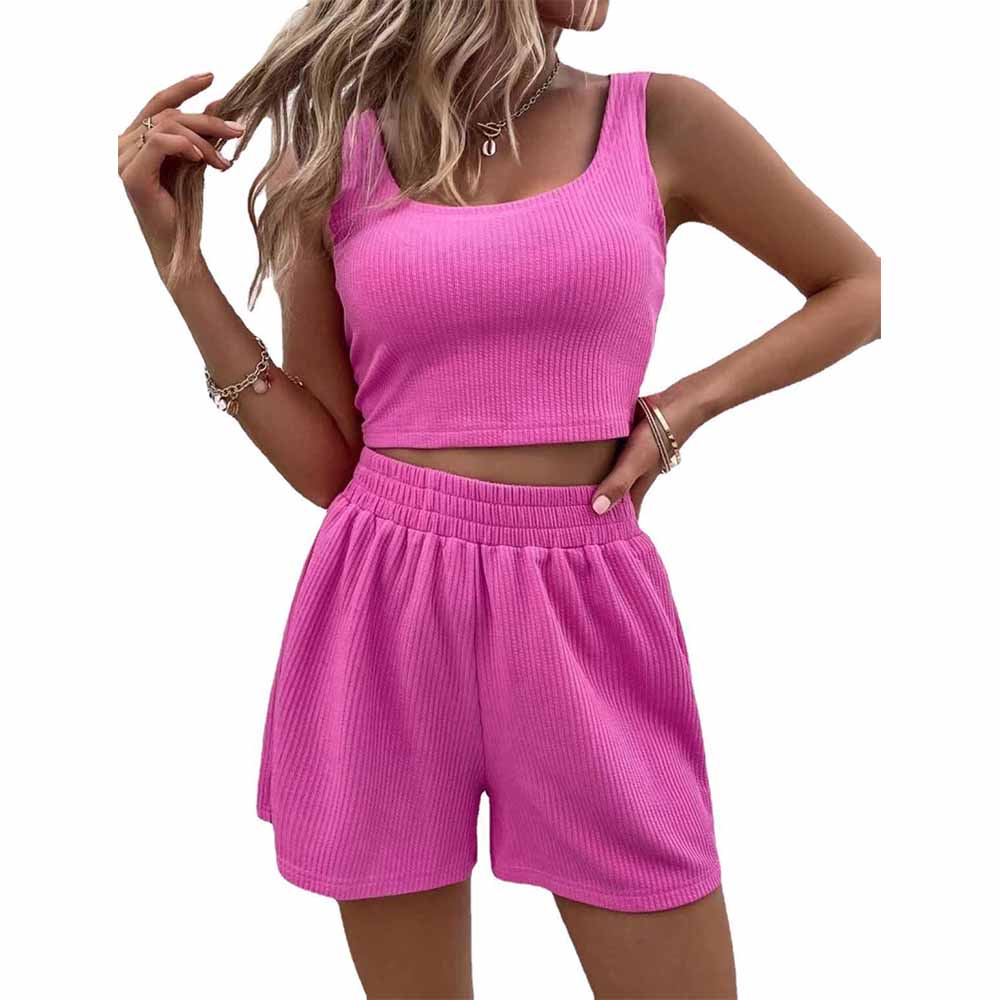 Women's new fashion knitted sleeveless short vest casual solid color elastic waist loose shorts fashion suit
