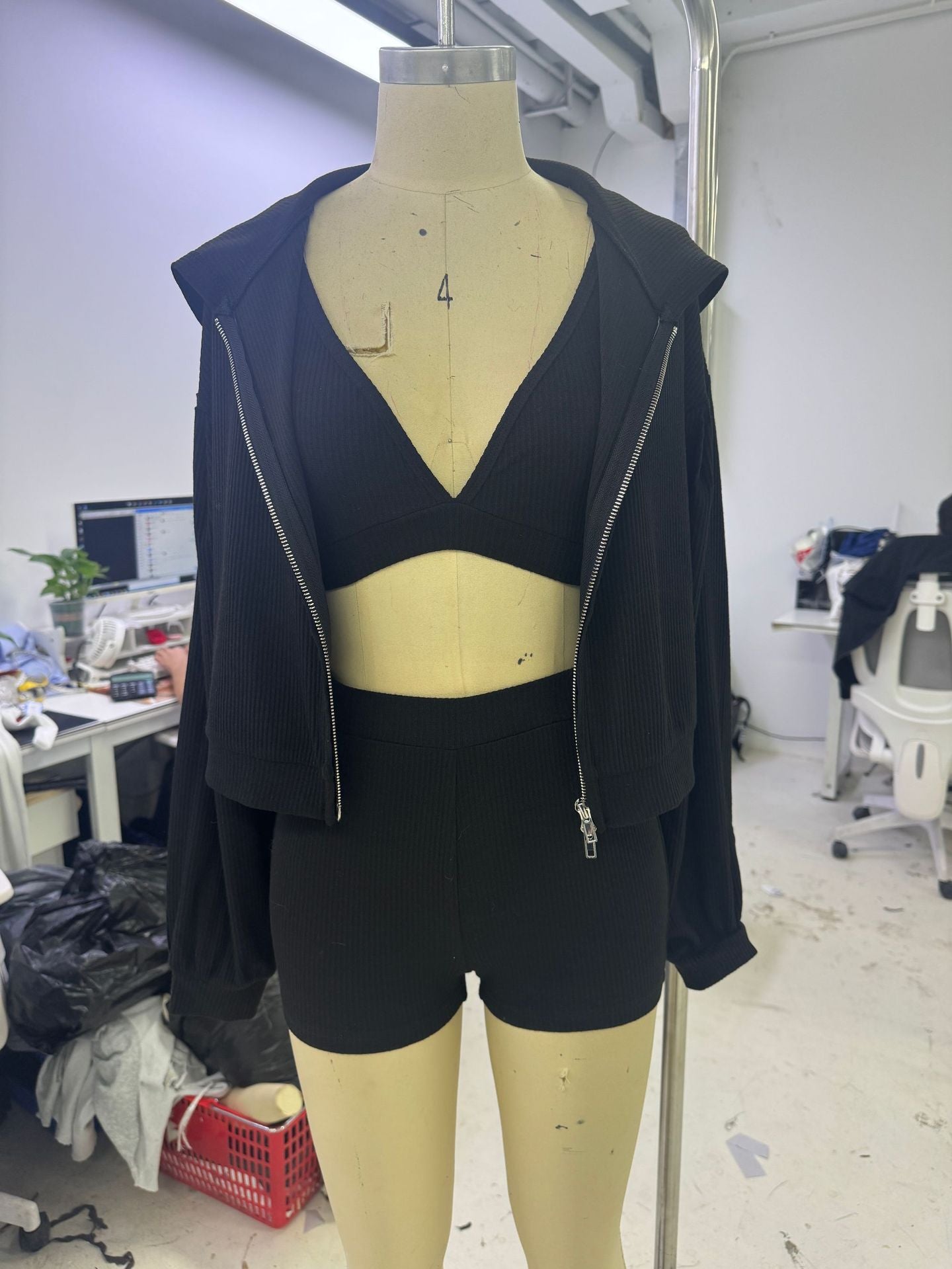 Women's Yoga Sportswear Knitted Zipper Hooded Cardigan Sweater V-neck Triangle Cup Bra High Waist Tight Shorts Casual Three-piece Suit