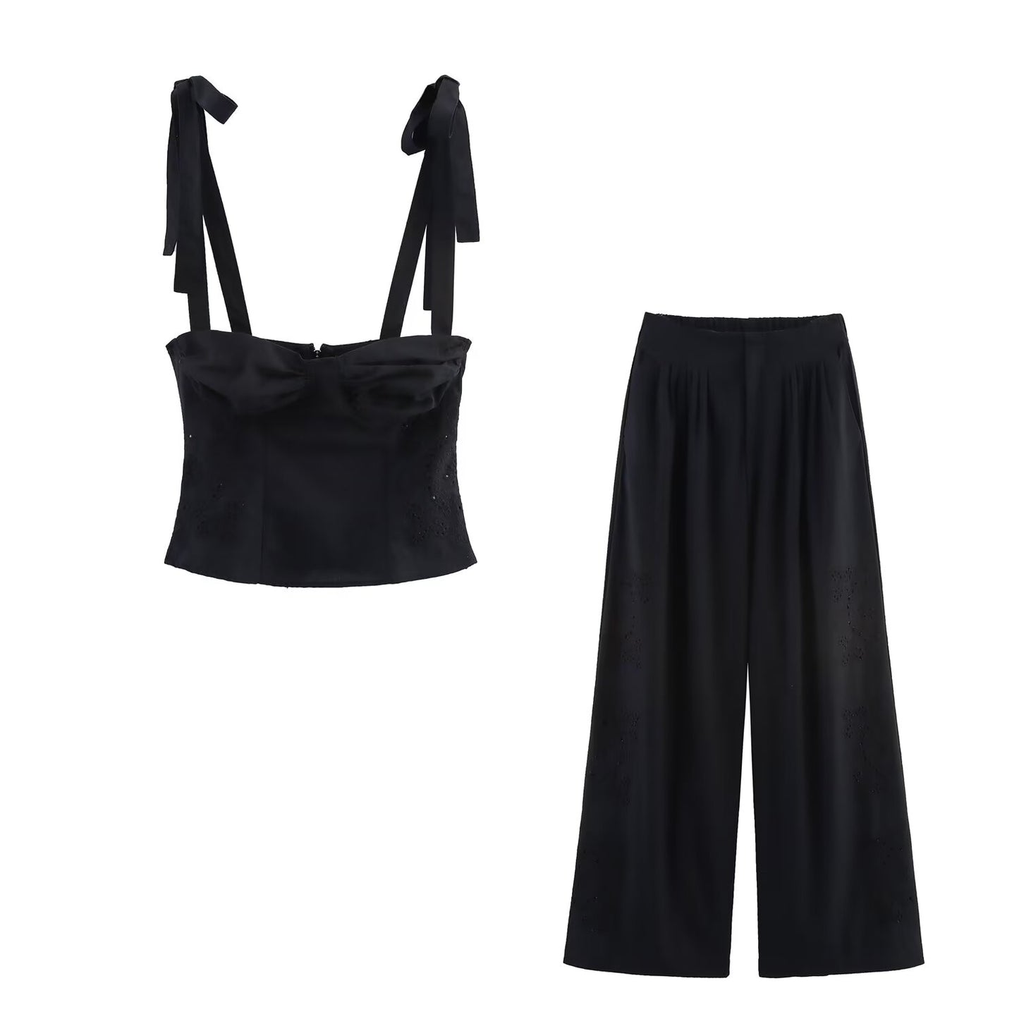 Suit Women's 2 pieces New Fashion bow strap short embroidered top+Pants suit