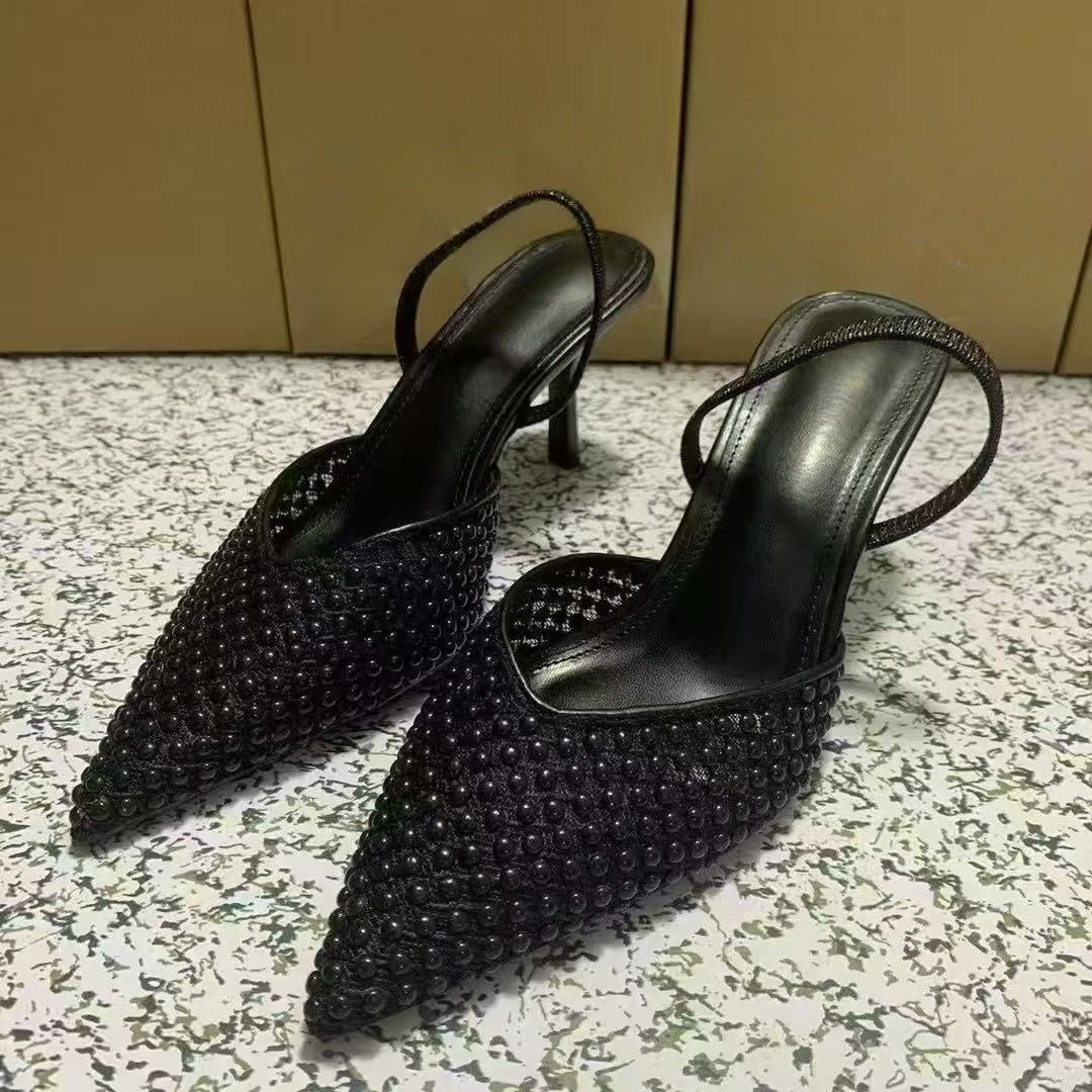 Women's New Fashion Joker Hollow Rhinestone Decorative Pointed Stiletto Sandals.