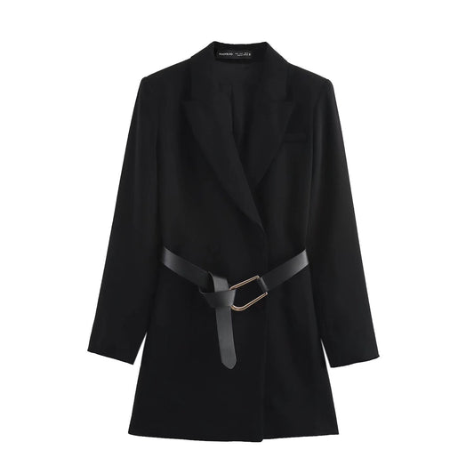 Women's New Chic Fashion Belt Decorative Suit Collar Short Dress Retro Long-sleeved Women's Dress Vestidos Mujer