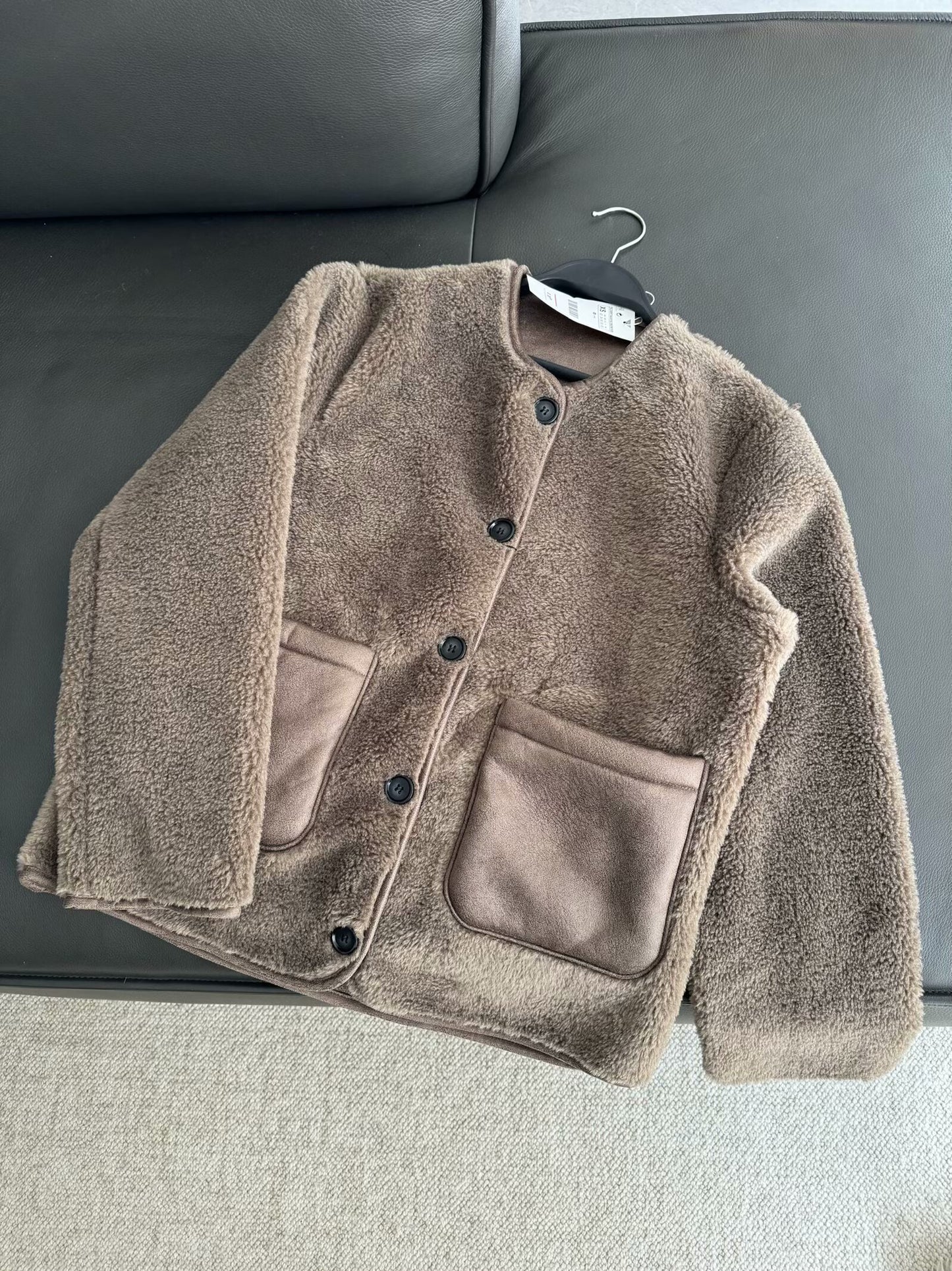 Women's new Fashion pocket decoration loose casual warm fleece jacket coat retro long sleeved button up women's coat chic top