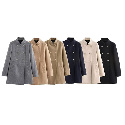 Women's New Fashion Joker Temperament Slim Version Multi-color Blended Exquisite Double-breasted Coat Retro Long-sleeved Coat.