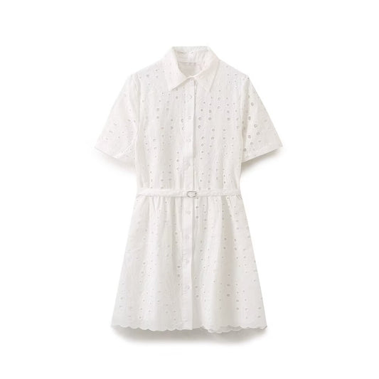 Ladies' New Fashion With Belt Short sleeved Single breasted Hollow Embroidered Mini Dress