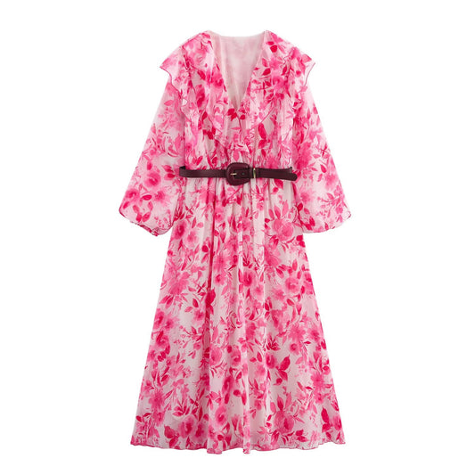 Women's new chic fashion With Belt casual layered decoration print V-neck MIDI dress retro long sleeved women's dress