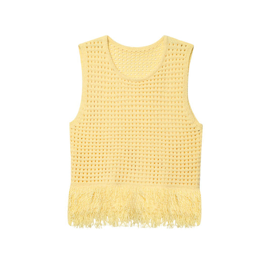 Women's New Fashion tassel decoration short plaid knitted top