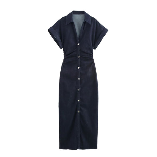 Women's new chic fashion pleated decoration slim single breasted denim Midi dress retro V Neck short sleeved women's dress