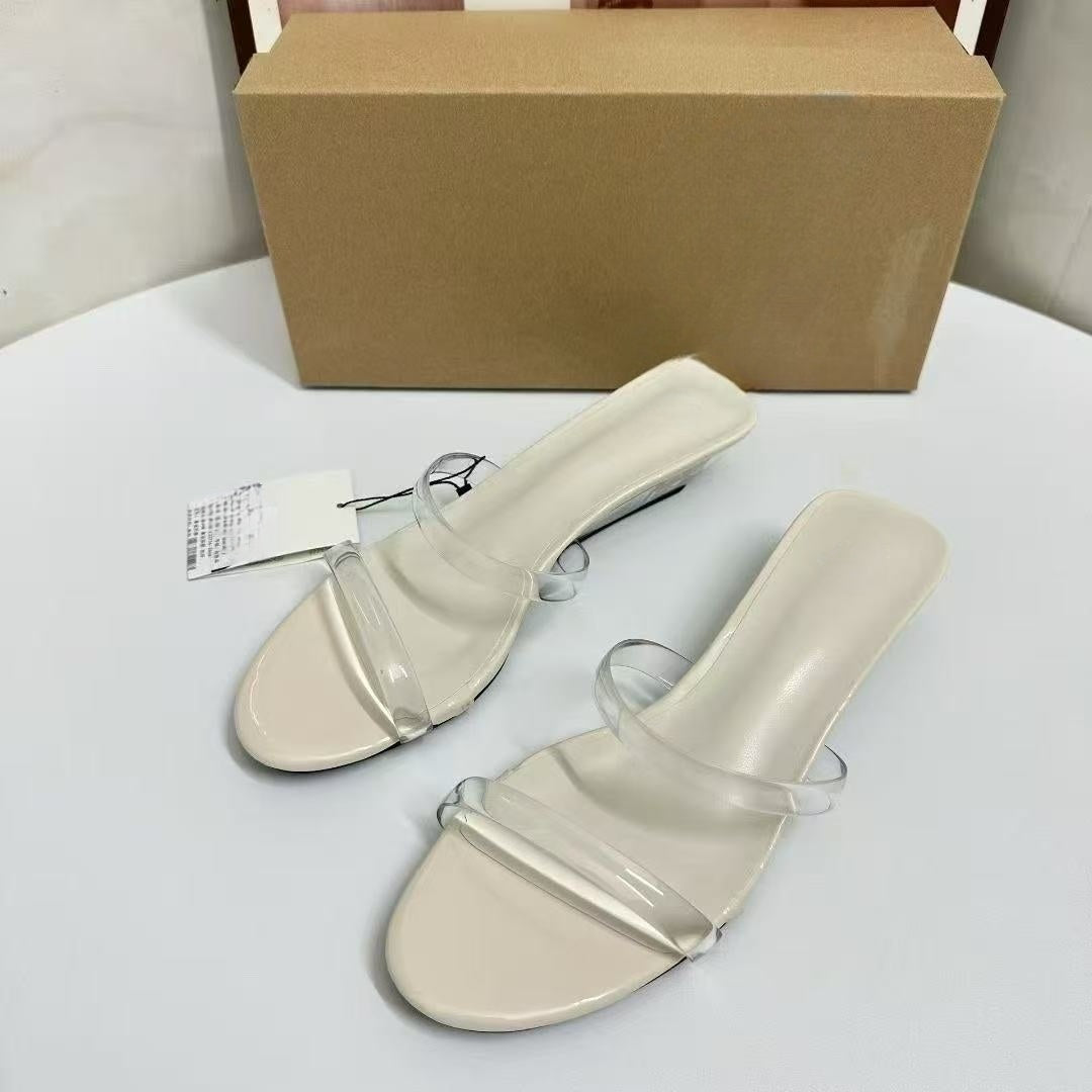 Women's New Fashion Joker Glass Transparent Ribbon Design Crystal Sandals.