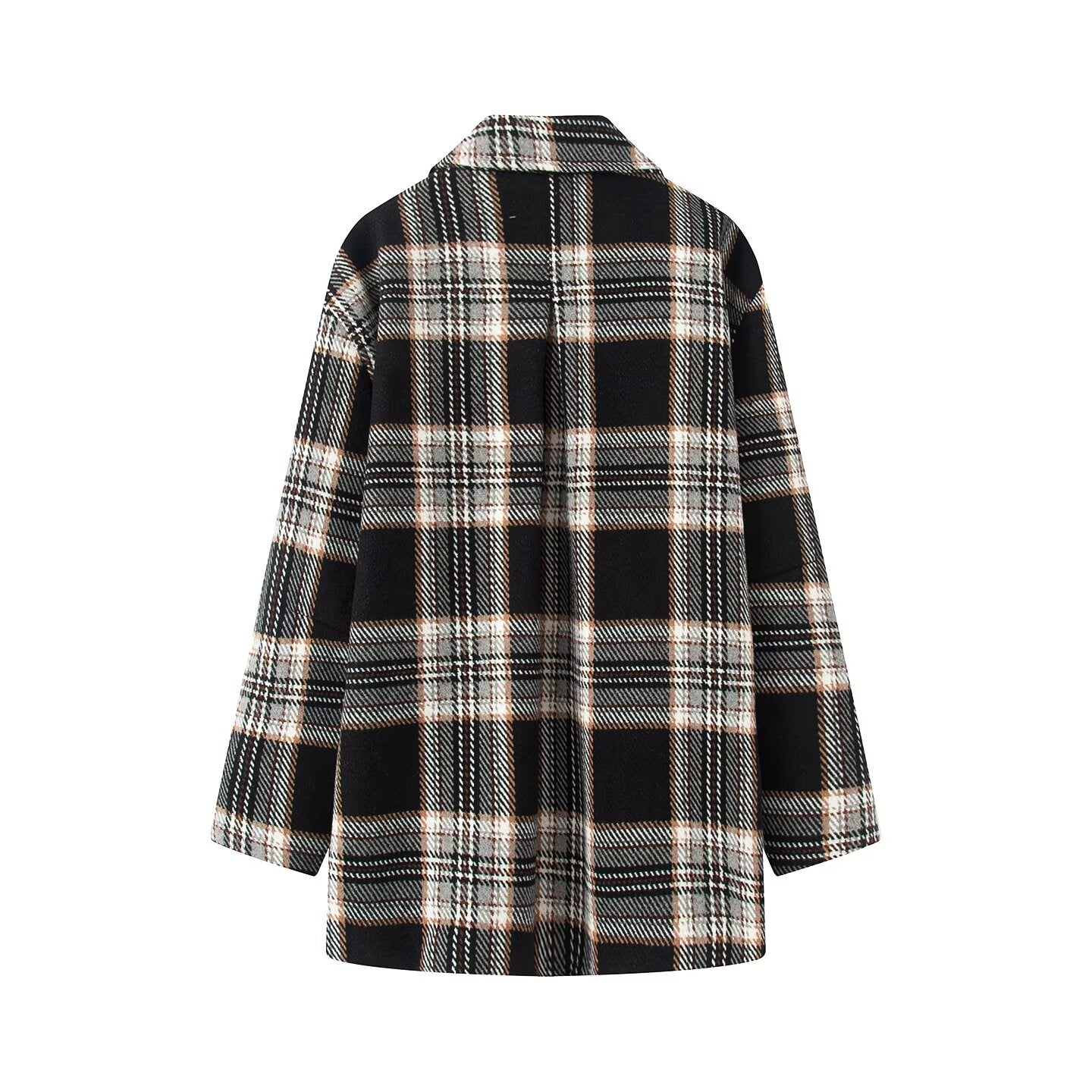 Women's loose single breasted plaid woolen blend Coat
