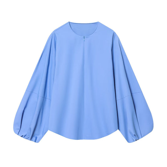 Women's O Neck zipper balloon sleeve poplin shirt