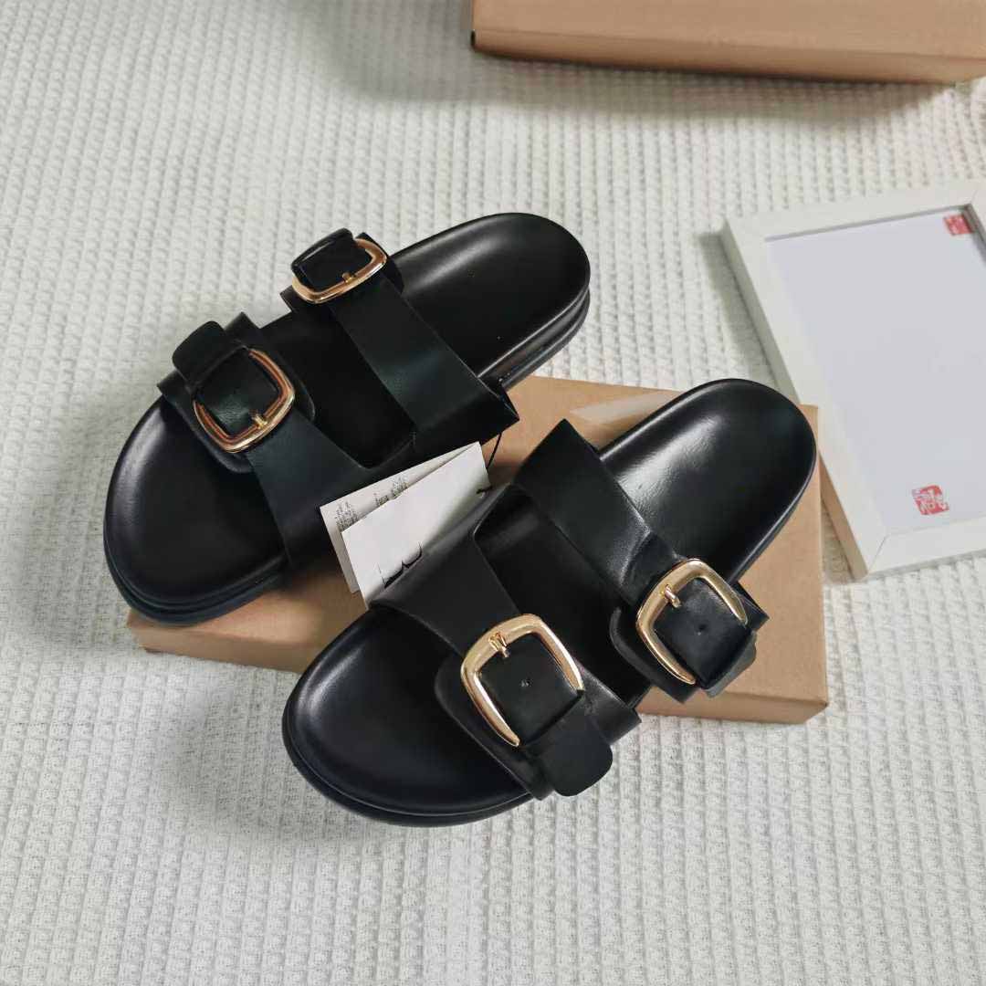 Women's New Fashion Casual Joker Double Belt Buckle Flat Sandals Wearing Joker Women's Slippers.