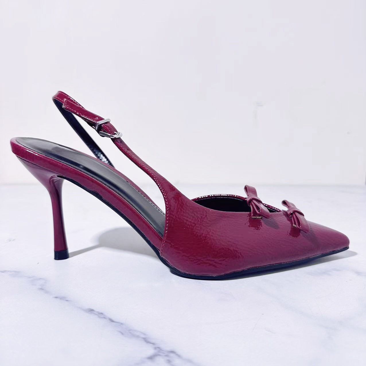 Women's New Fashion Joker Patent Leather Red Bow Pointed High-heeled Slippers