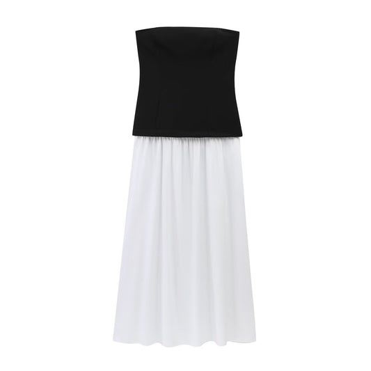 Women's clothing 2025 new chic fashion slim fit patchwork pleated strapless Midi dress retro backless zipper women's dress Mujer