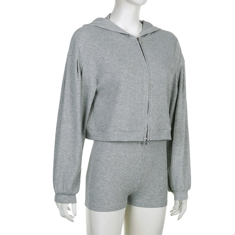 Women's Yoga Sportswear Knitted Zipper Hooded Cardigan Sweater V-neck Triangle Cup Bra High Waist Tight Shorts Casual Three-piece Suit