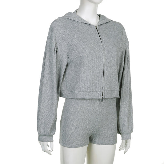 Women's Yoga Sportswear Knitted Zipper Hooded Cardigan Sweater V-neck Triangle Cup Bra High Waist Tight Shorts Casual Three-piece Suit