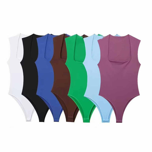 2024 Women's New Fashion Multi Color Sexy Elastic Tight Square Neck jumpsuit Retro Sleeveless Button up  Short jumpsuit