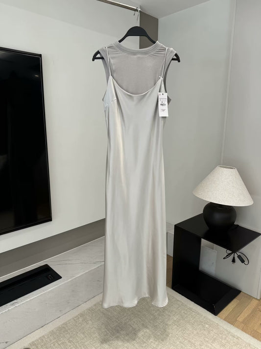Women 2025 New Fashion Silk satin stitching texture Midi Dress Vintage  Female Dresses