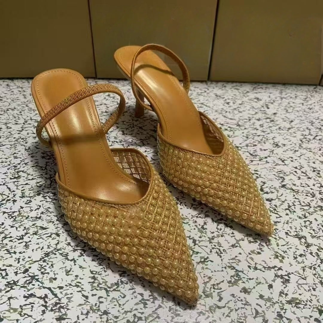 Women's New Fashion Joker Hollow Rhinestone Decorative Pointed Stiletto Sandals.