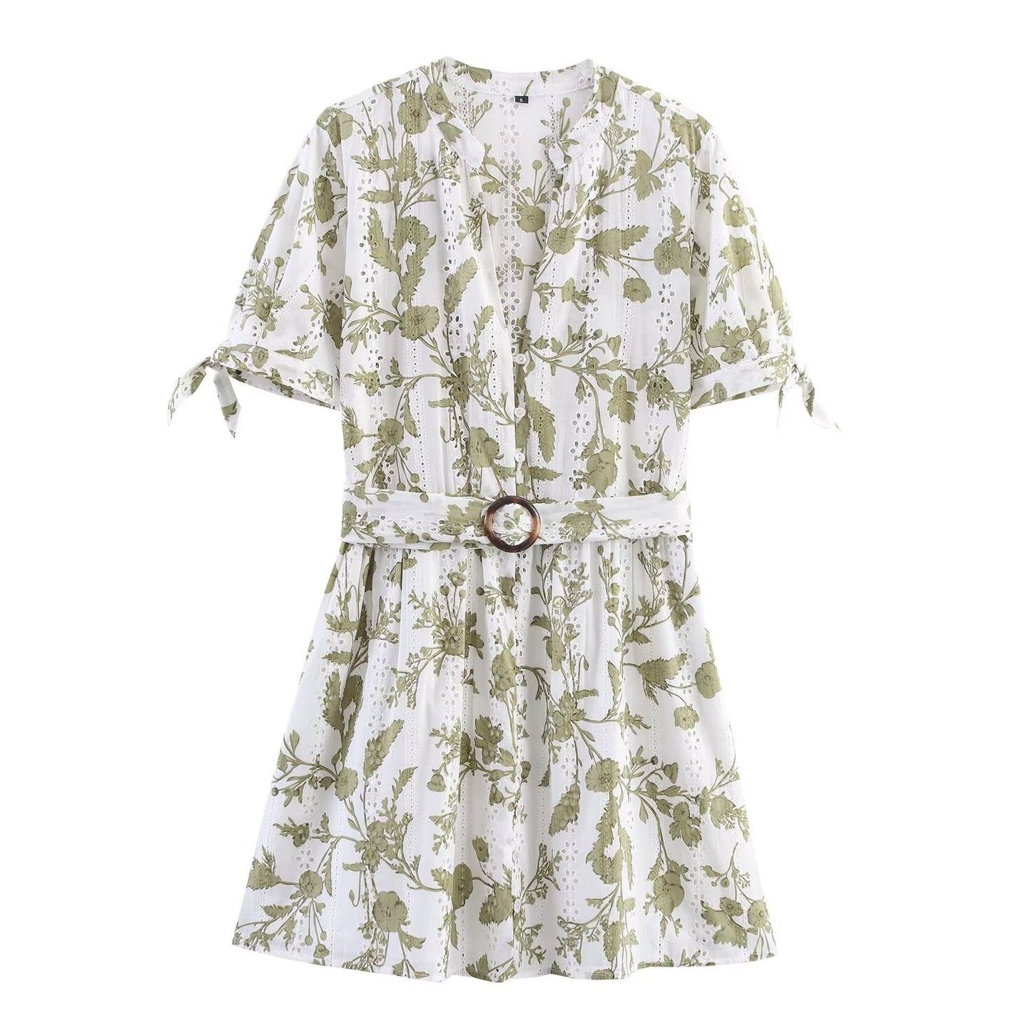 Women's New Fashion With Belt Hollow Embroidery Printed Mini Dress