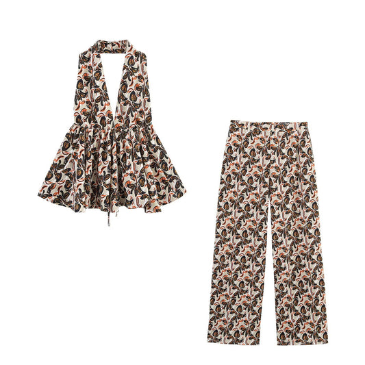 Women's new fashion sleeveless backless printed halter neck top+Pants Women's suit