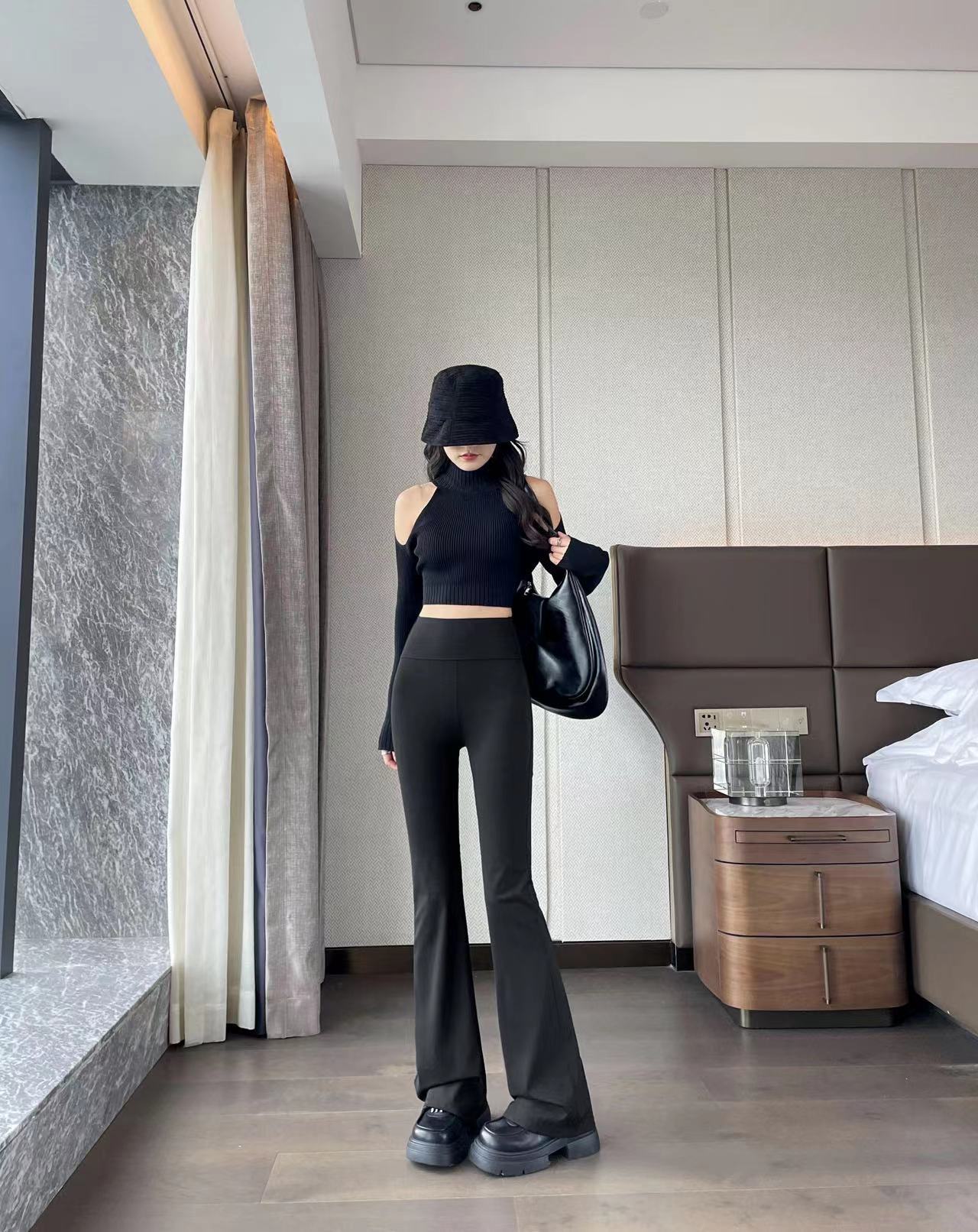 LU Women's new tooling back pocket micro-bell pants wearing shark skin high waist belly shark pants casual pants slightly.