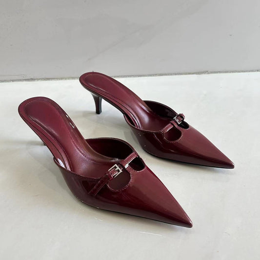 Women's New Fashion Joker Buckle Decorated Patent Leather Cat with High Heels and Pointed Half Slippers.