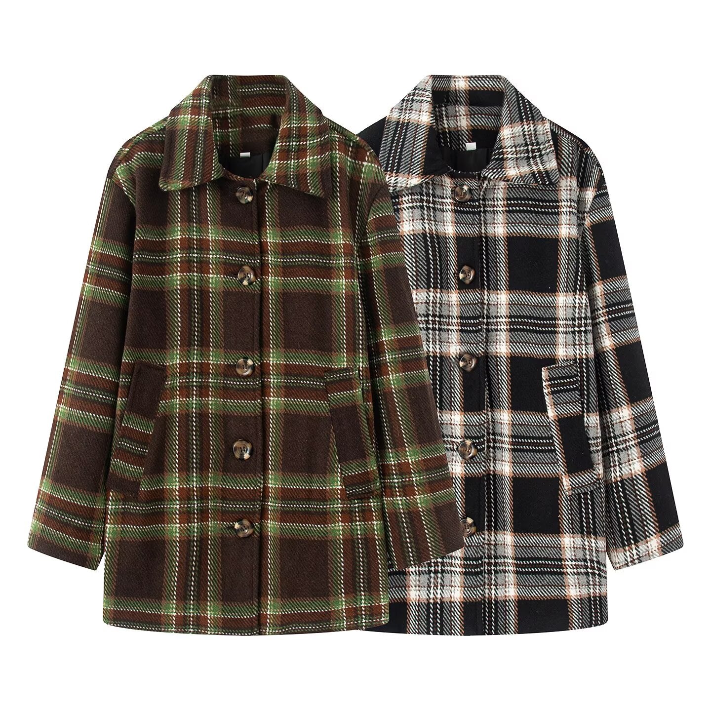 Women's loose single breasted plaid woolen blend Coat