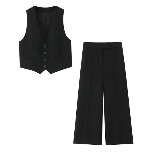 set woman 2 pieces2025 Fashion Short vest Vintage Female + Pants Women's suit
