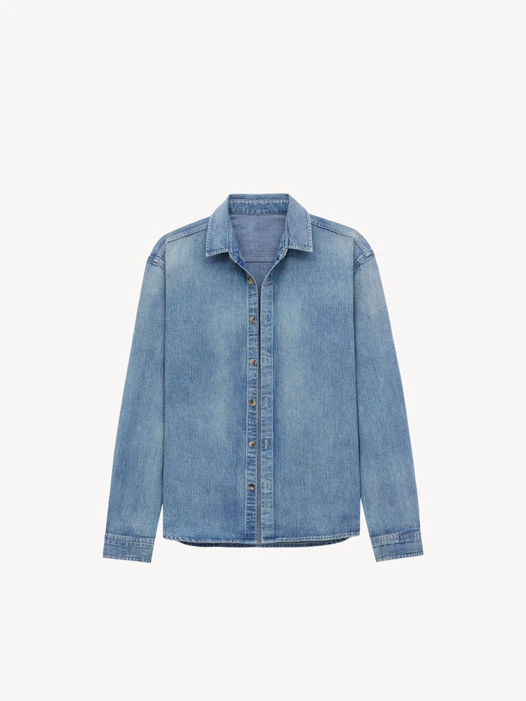 Men and women with the same new casual Joker linen slub sand washed denim long sleeve chic shirt.