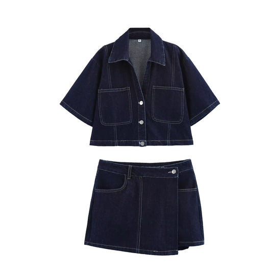 Women's new fashion double pocket decoration casual short lapel denim shirt retro short sleeved button up women's shirt chic top