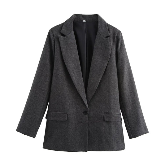 Ladies' new fashion flip design loose herringbone diagonal straight suit coat retro long sleeved button up women's coat chic top