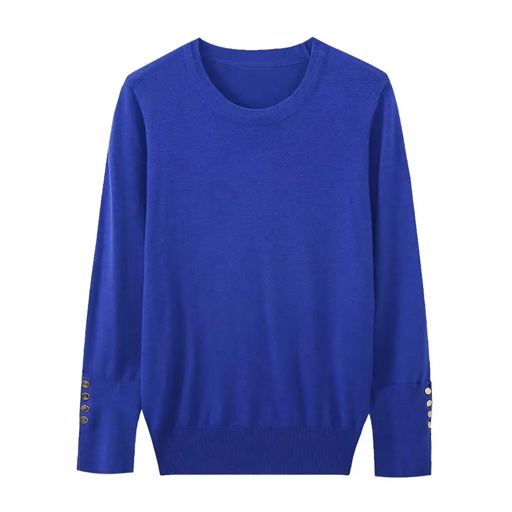 Women's new fashion gold button decoration casual versatile basic style knitted top retro long sleeved women's pullover chic top