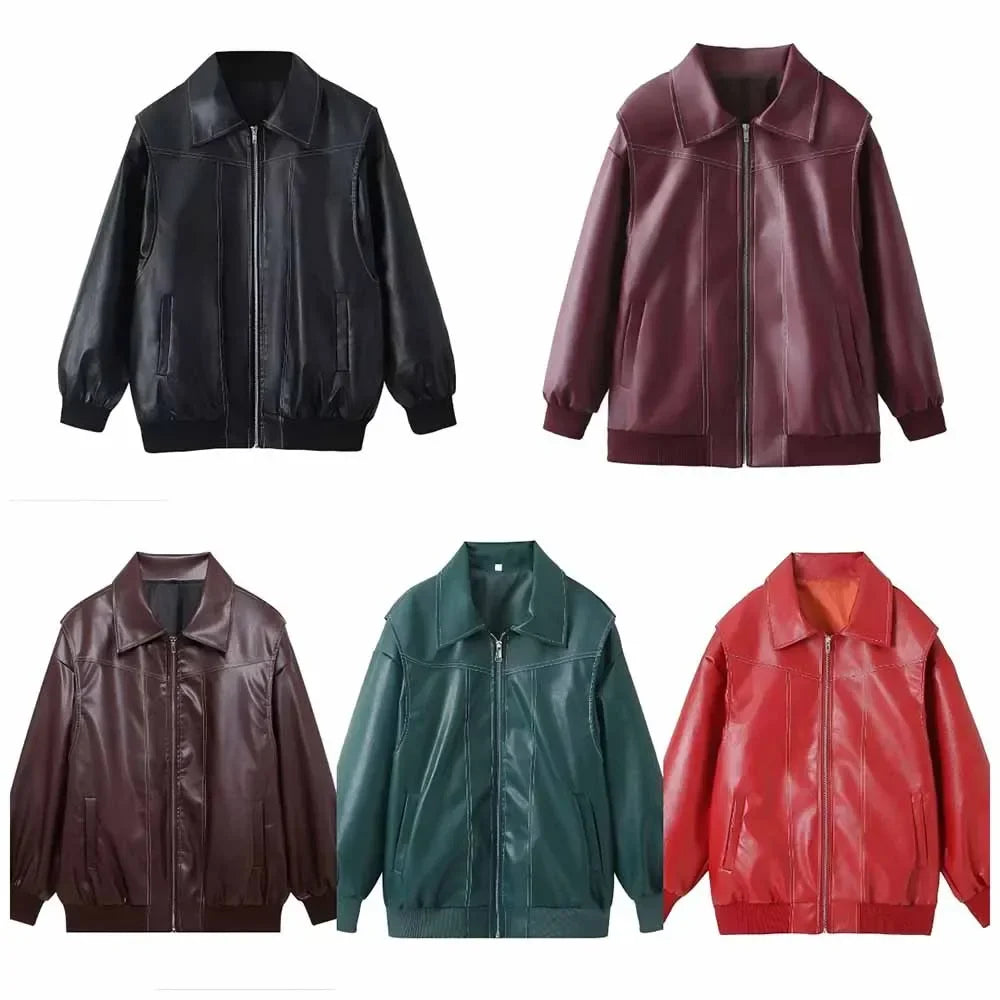 Women's new Fashion loose casual versatile retro imitation leather jacket coat long sleeved side pocket women's coat chic top