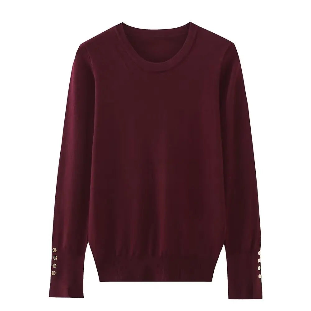 Women's new fashion gold button decoration casual versatile basic style knitted top retro long sleeved women's pullover chic top