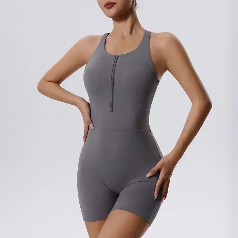 Zipper Yoga Jumpsuit Female Bra Dance Fitness Clothes Shorts Tight Breathable Sports Jumpsuit