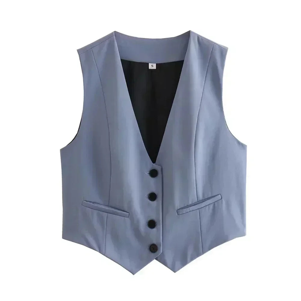 Women New Fashion Cropped V Neck Solid Casual Vest Vintage Sleeveless Button-up Female Waistcoat Chic Tops