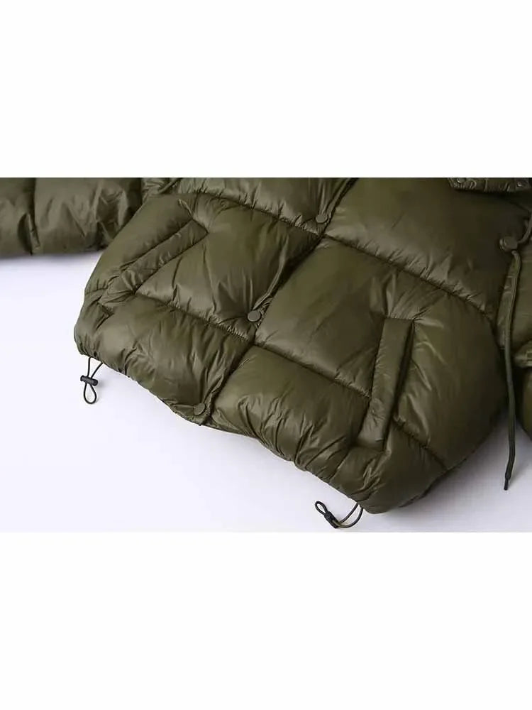 Women's winter fashion with drawstring short single breasted hooded cotton coat retro long sleeved pocket women's coat chic top