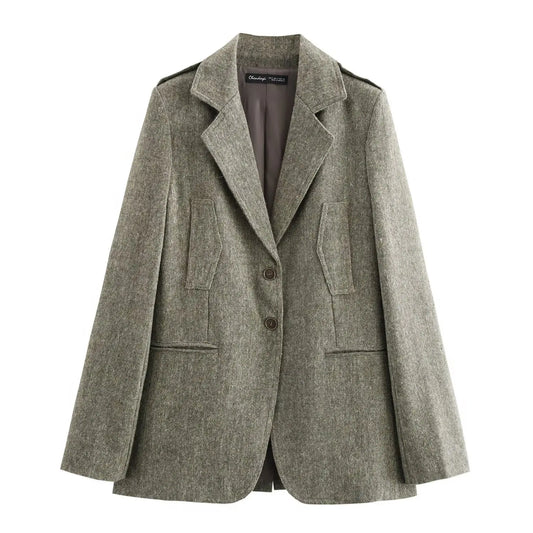 Women's new Fashion pocket decoration casual single breasted blended suit jacket retro long sleeved pocket women's Coat Chic top