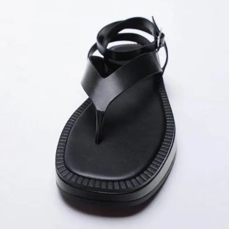 New women's shoes black strappy flat sandals summer thong thick sole sandals for women