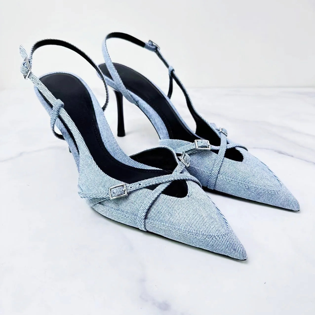 New 2024 Women's Shoes, High Heels, Denim Shallow Straps, Hollow Baotou Sexy Stiletto Fashion Sandals.