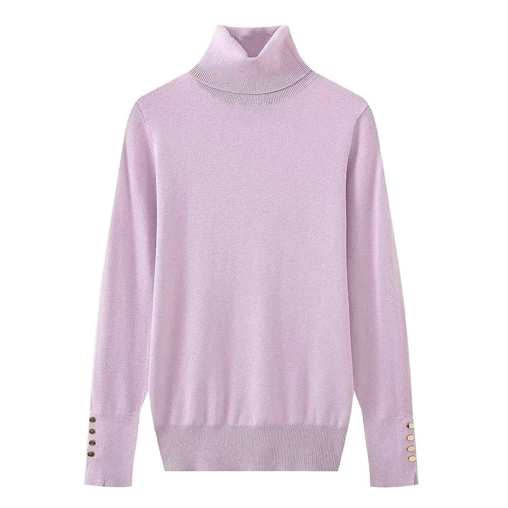 Women's new fashion Cuff button decoration casual versatile basic style knitted top retro high neck women's pullover chic top