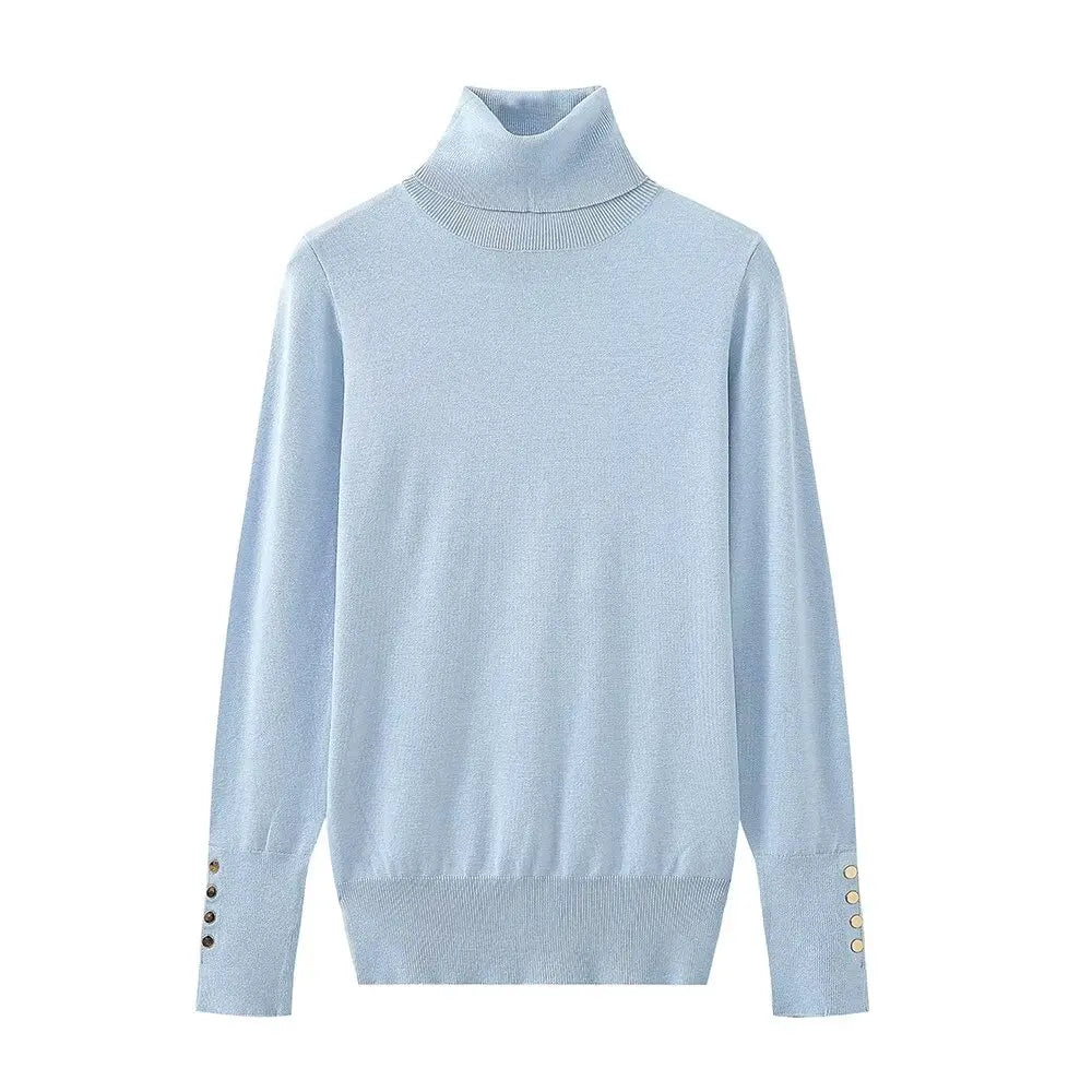 Women's new fashion Cuff button decoration casual versatile basic style knitted top retro high neck women's pullover chic top